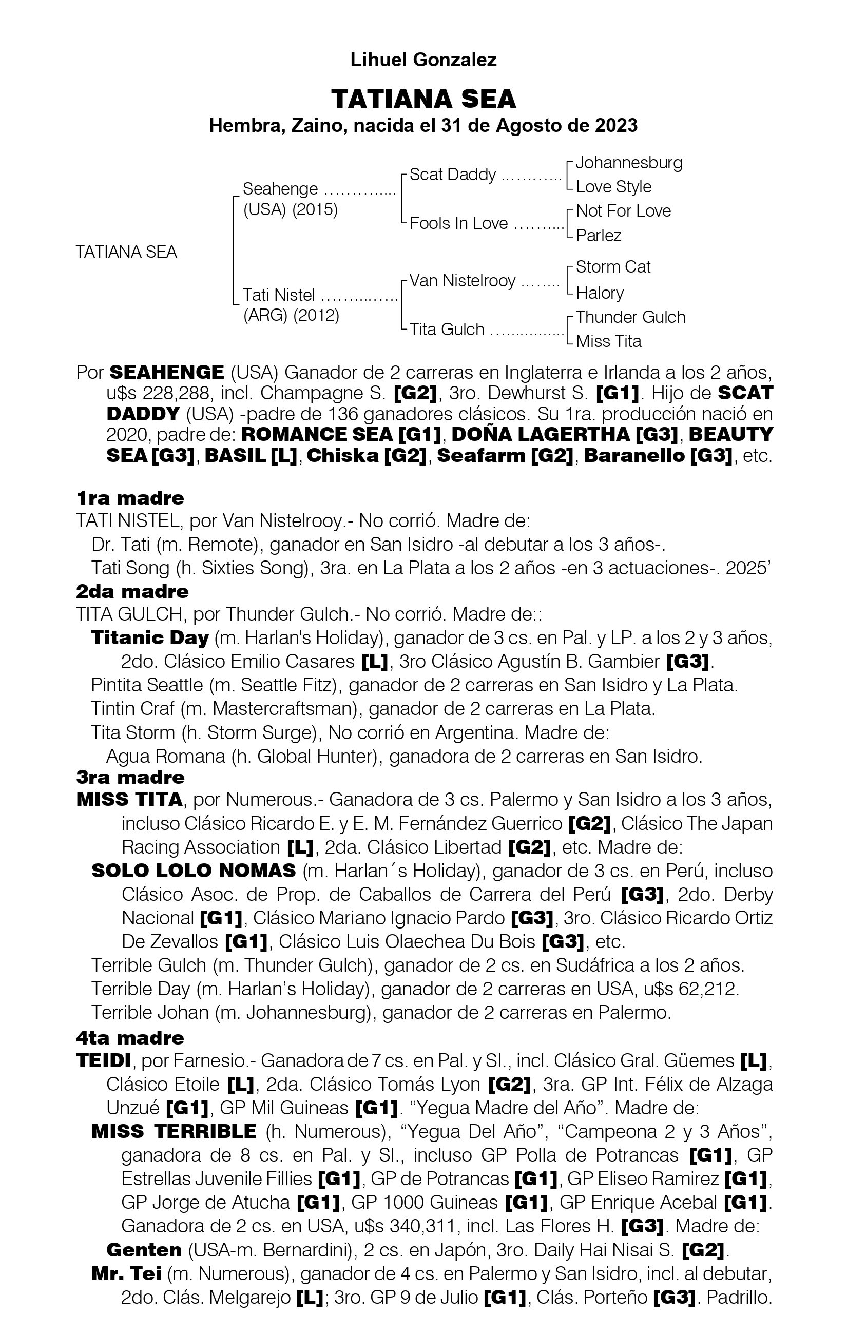 Pedigree TATIANA SEA