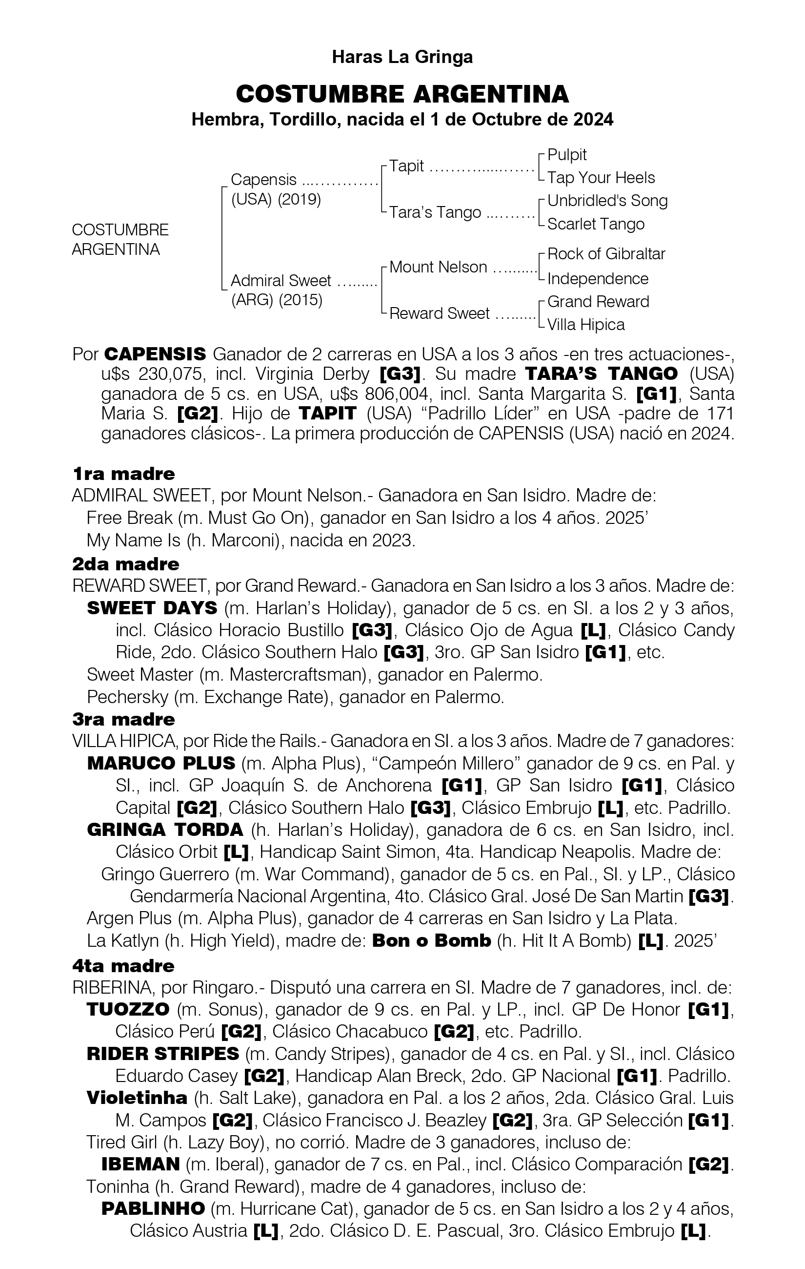 Pedigree COSTUMBRE ARGENTINA