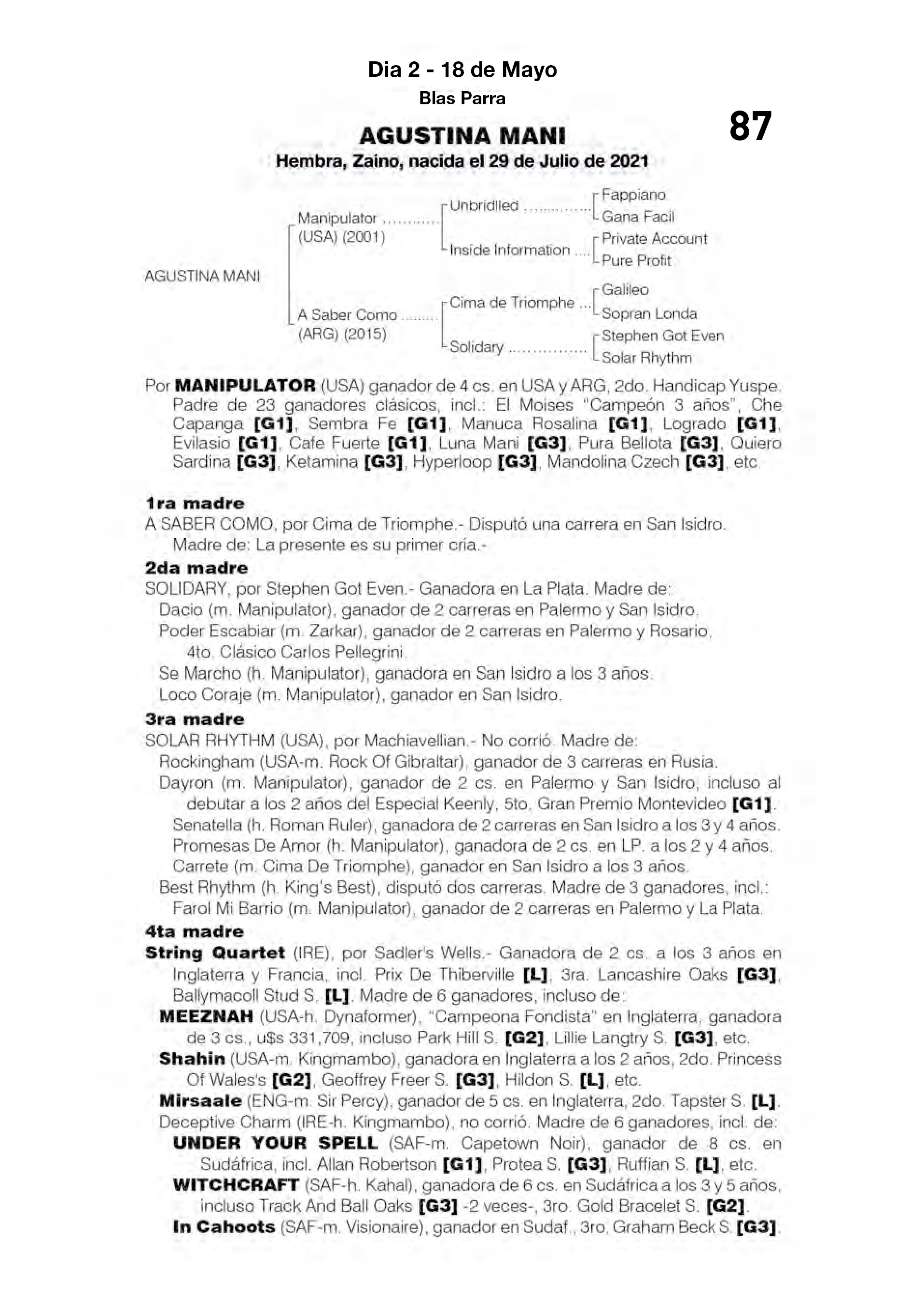 Pedigree AGUSTINA MANI